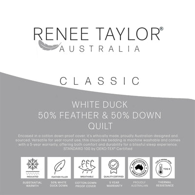 Renee Taylor Classic 50% White Duck Feather and Down Quilt