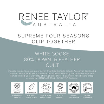 Renee Taylor Supreme Four Seasons Clip Together 80% White Goose Down and Feather Quilt