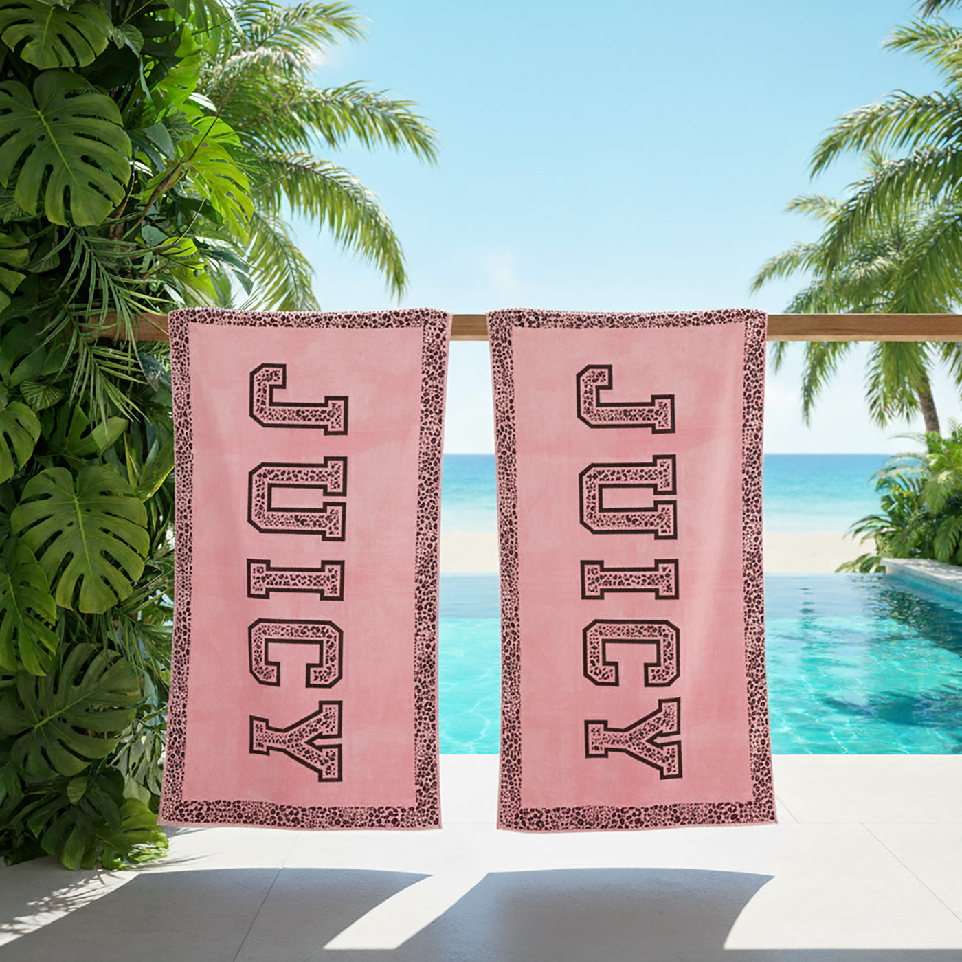 Juicy Couture Velour Large Beach Towel - Pink/Black