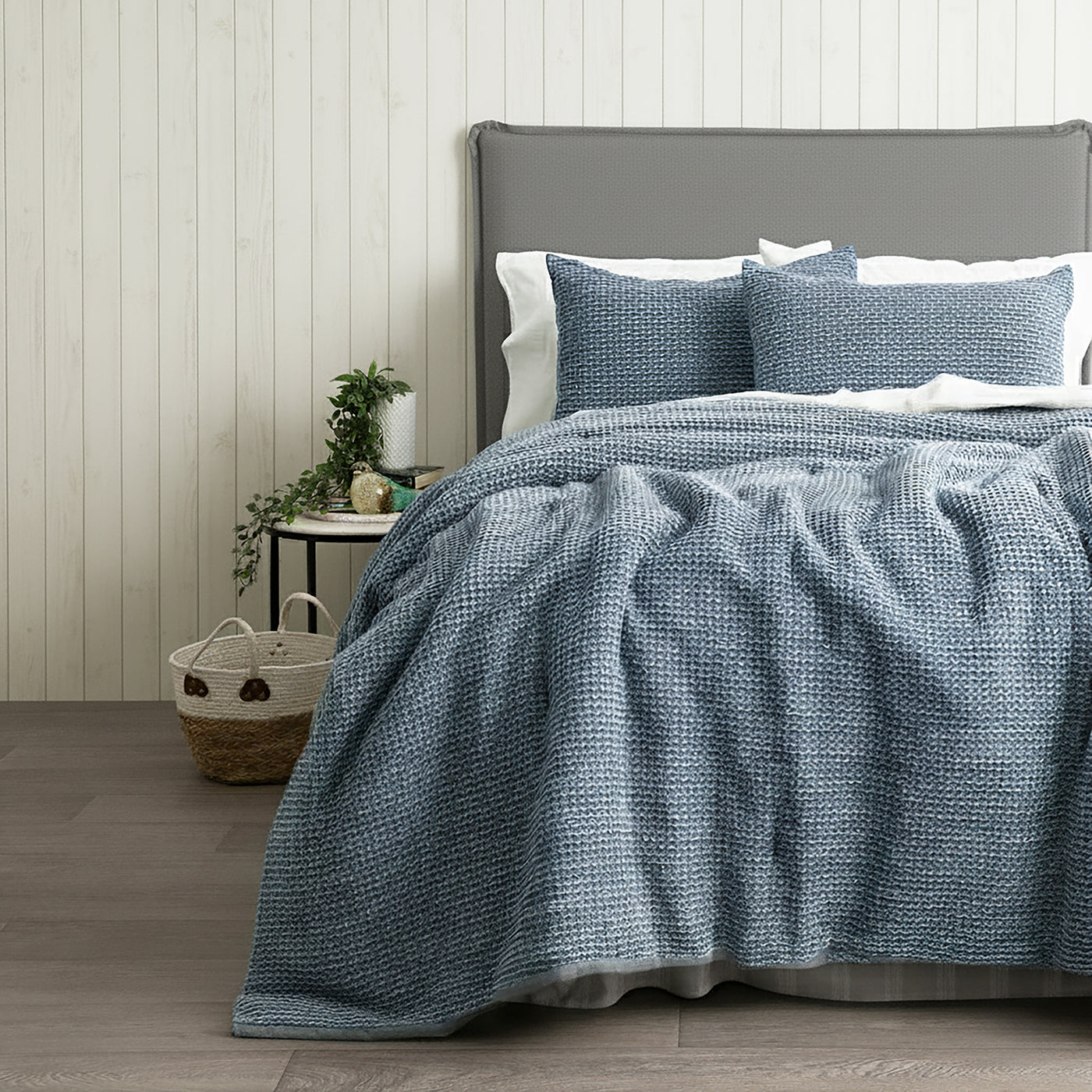 Boronia Stone Washed Cotton Waffle Comforter Set Denim