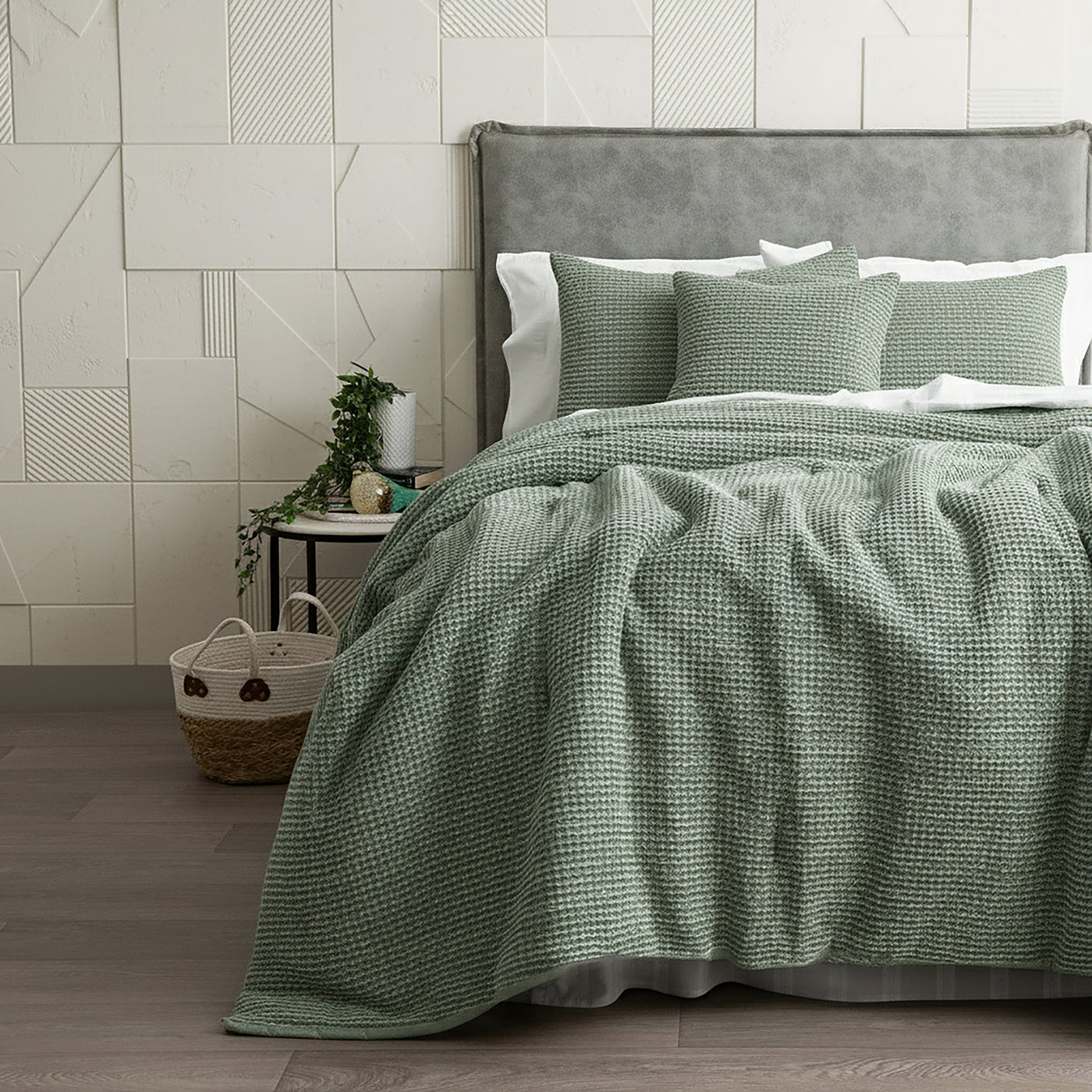 Boronia Stone Washed Cotton Waffle Comforter Set Moss
