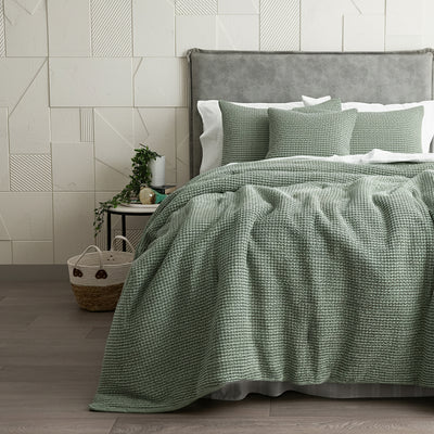 Boronia Stone Washed Cotton Waffle Comforter Set Moss