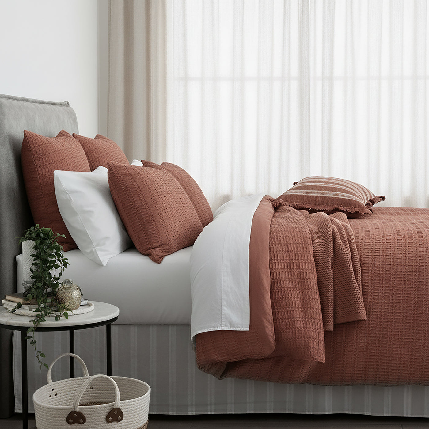 Celeste Seersucker Cotton Waffle Quilt Cover Set Rust