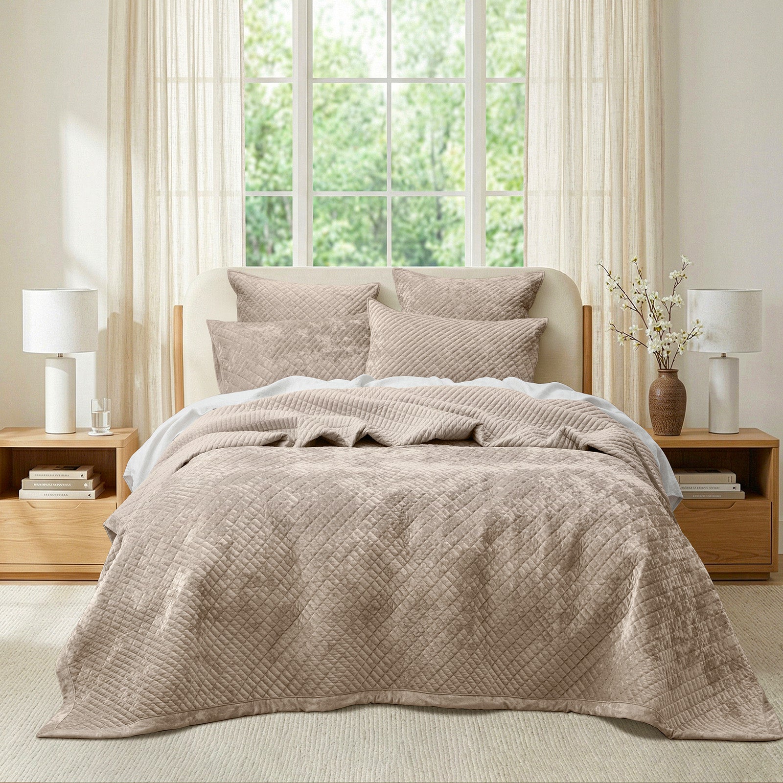 Nude/Beige Cross Stitch Velvet Coverlet Set Archie