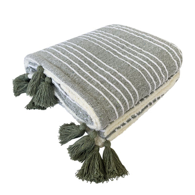 Striped reversible green throw with sherpa reverse are the best in winter nights. whole throw is folded & put on a white background