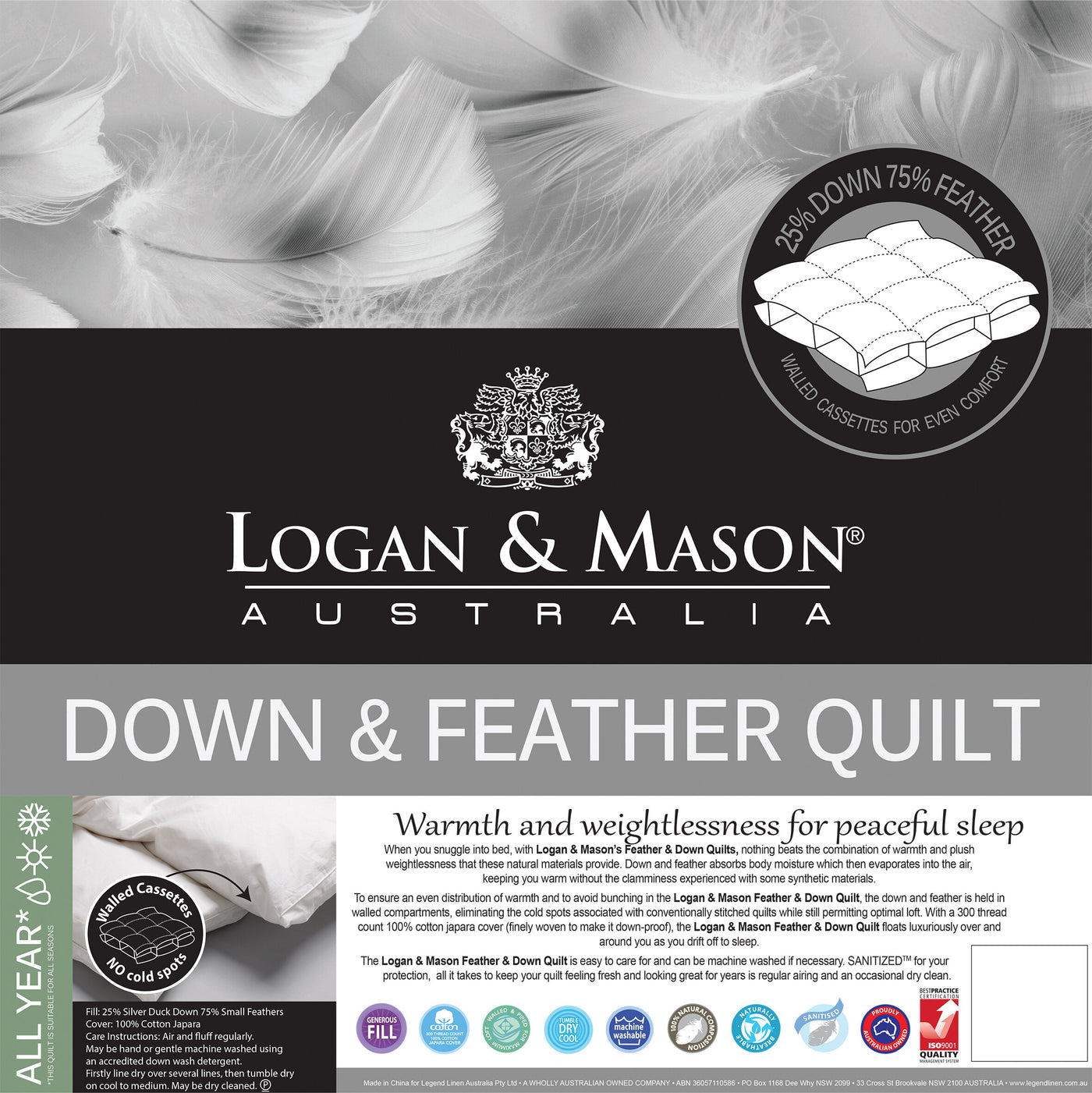 Logan and Mason 25/75 Duck Down and Feather Quilt