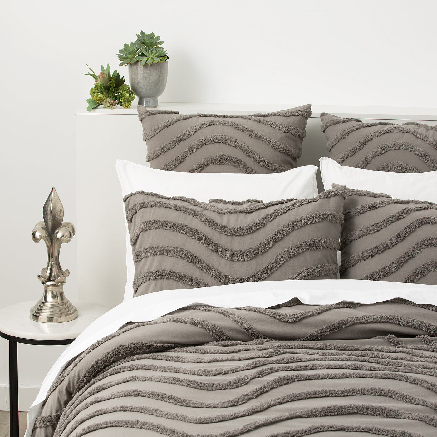Wave Quilt Cover Tufted Cotton Chenille Set Grey