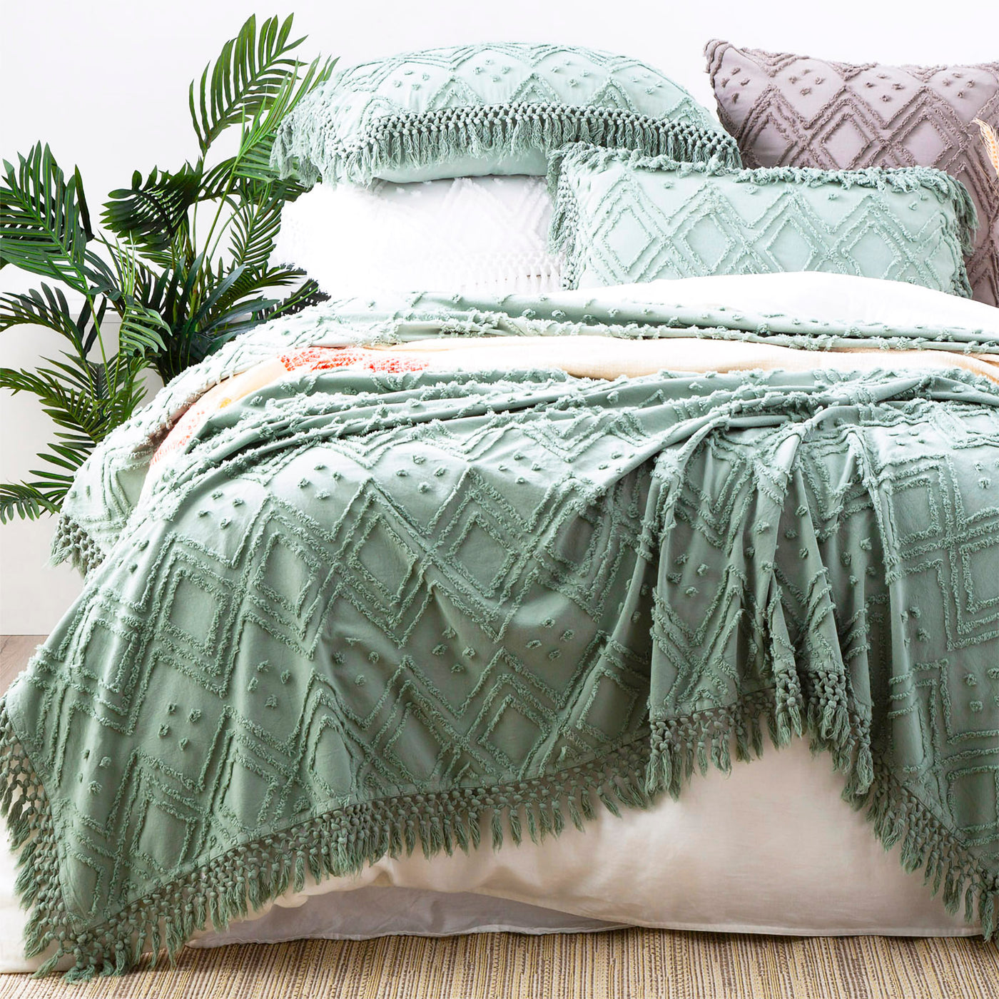 Bed Cover Medallion Tufted Cotton Sage