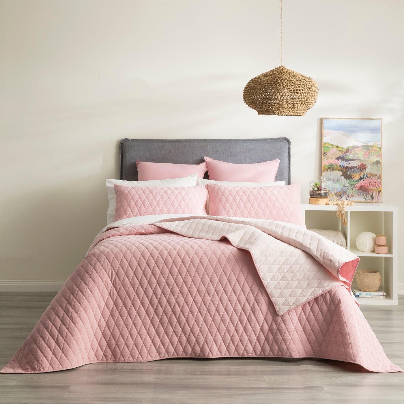 Coverlet Diamante Quilted Cotton Reversible Set Rose
