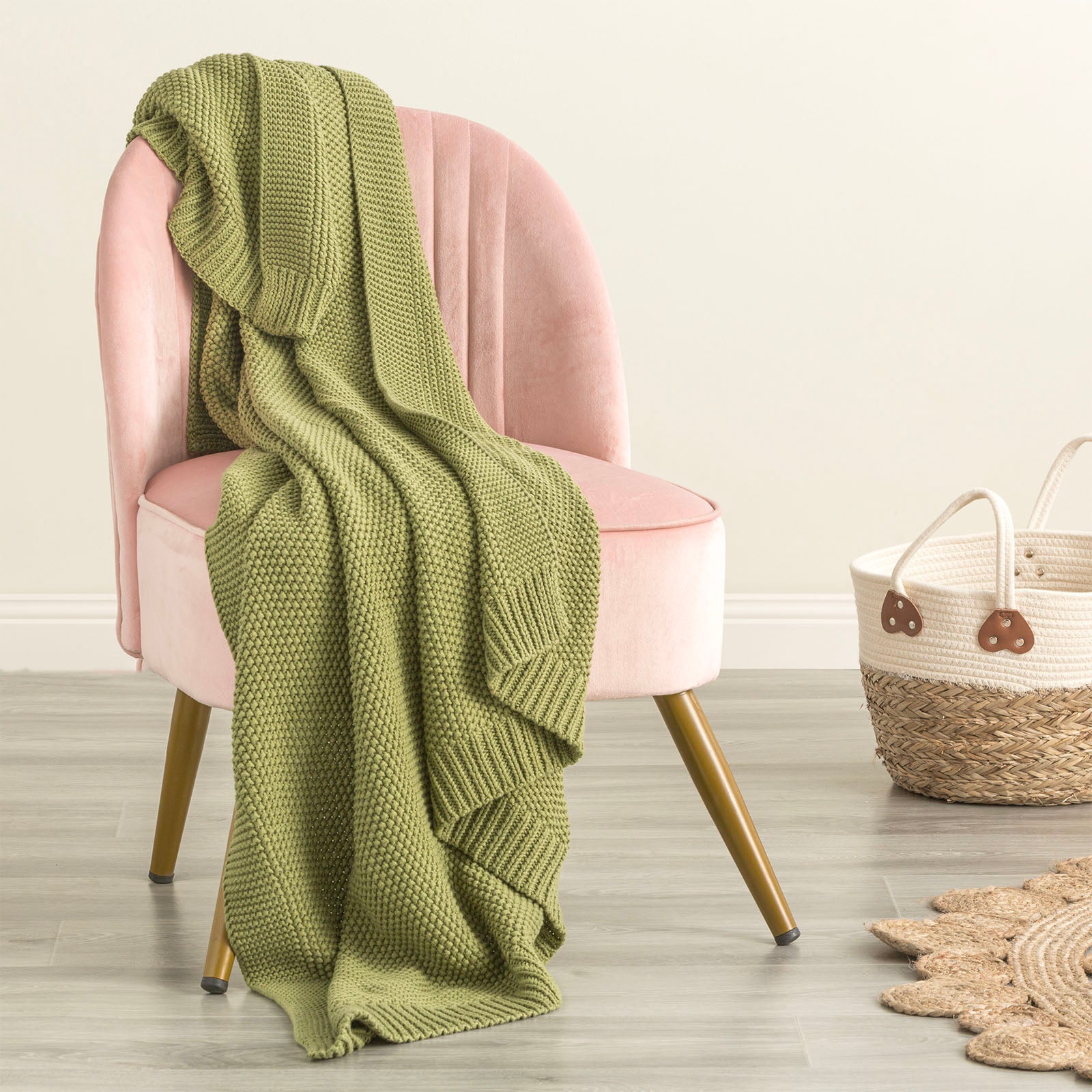 Moss Green Throw Cotton Knitted Sage Throws & Throw Rugs
