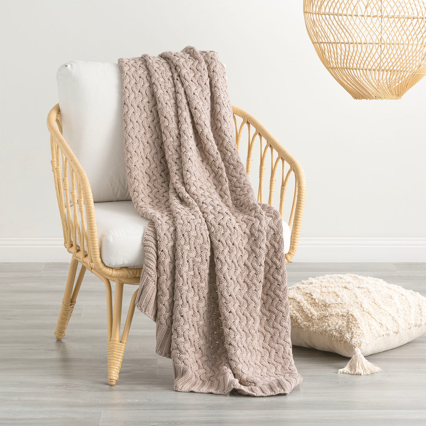 Lenni Beige Throw Cotton Knitted Camel Throw Blankets